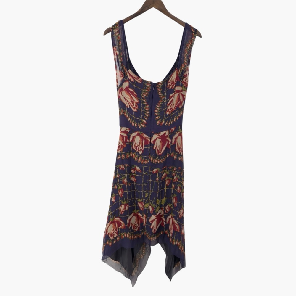 Anna Sui for Anthropologie Blue Floral Asymmetric Hem Silk Dress Size 8 - Picture 2 of 7